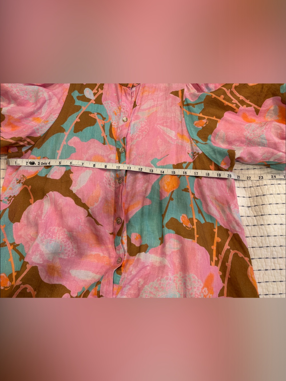 Lanhtropy brand Colorful Floral Button-Front Midi Dress - Pink, Teal & Brown - Picture 3 of 6